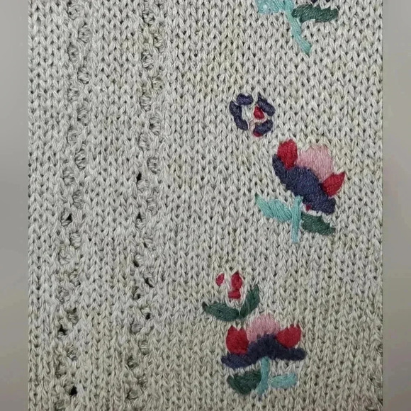 Jump Tricot Lenin Blend Beige 3D Embroidered Chunky Knit Sz L long Line Sweater - Picture 9 of 9